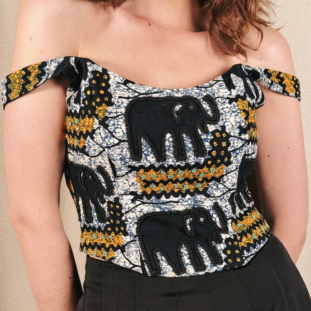 Natori Elephant Print Hand-Embroidered Bustier Top